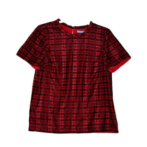 Draper James Red Plaid Velvet Ruffle Neck Top | Size S - Picture 6 of 7